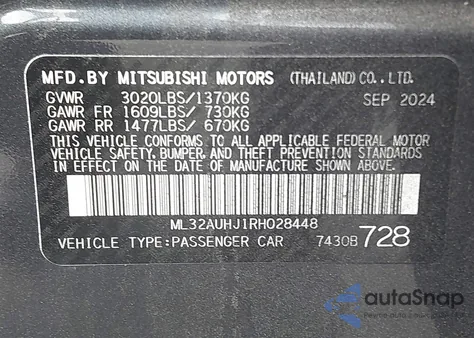 2024 Mitsubishi Mirage Es/Le z USA, uszkodzony, nr VIN ML32AUHJ1RH028448